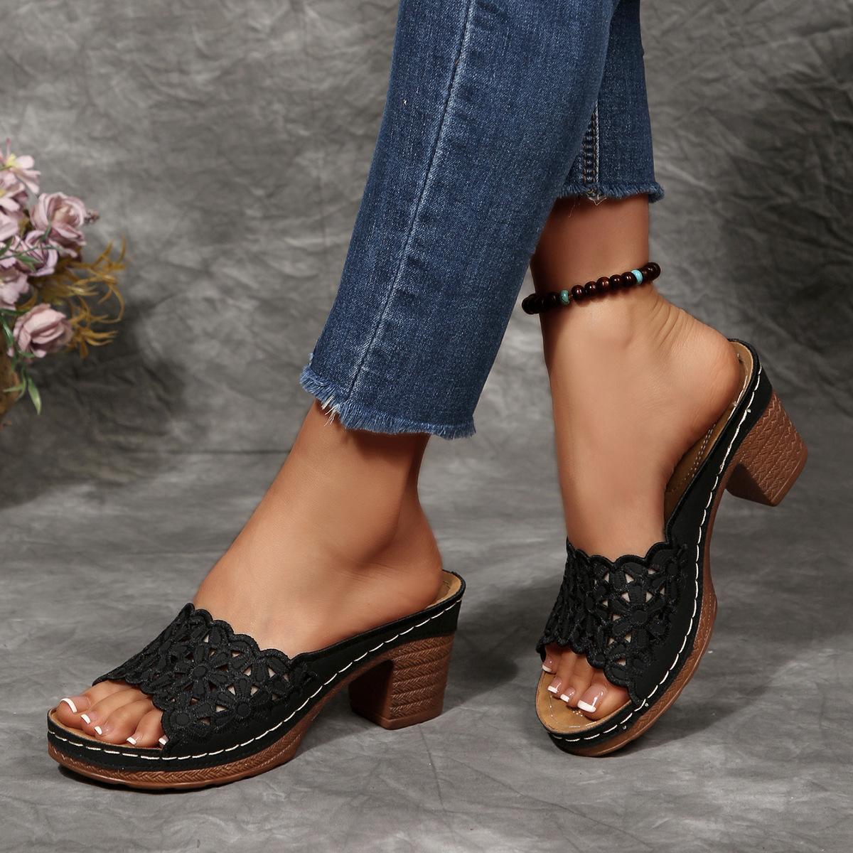

New Summer Women S Platform Slippers Large Size Fish Mouth Flower Platform Fashion Slippers Women 43 чорний