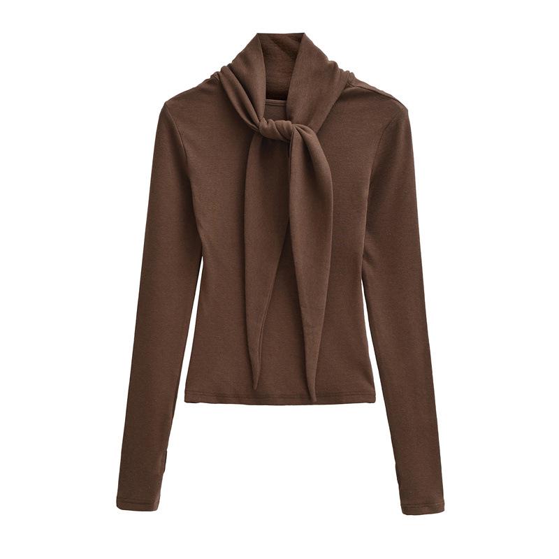 2026 Spring Korean Style Elegant Lace-up Faux Cashmere Long Sleeve Women's Top with Scarf
