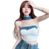 Color Block Patchwork Denim Bandeau Top - Trendy European American Summer Buttoned Sexy Short Top