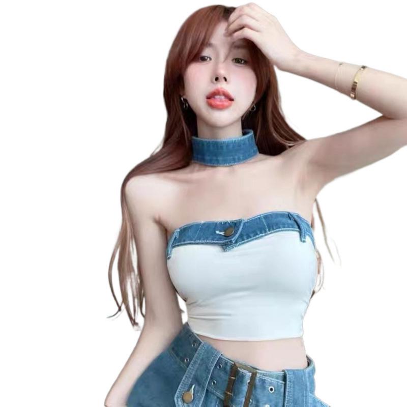 Color Block Patchwork Denim Bandeau Top - Trendy European American Summer Buttoned Sexy Short Top