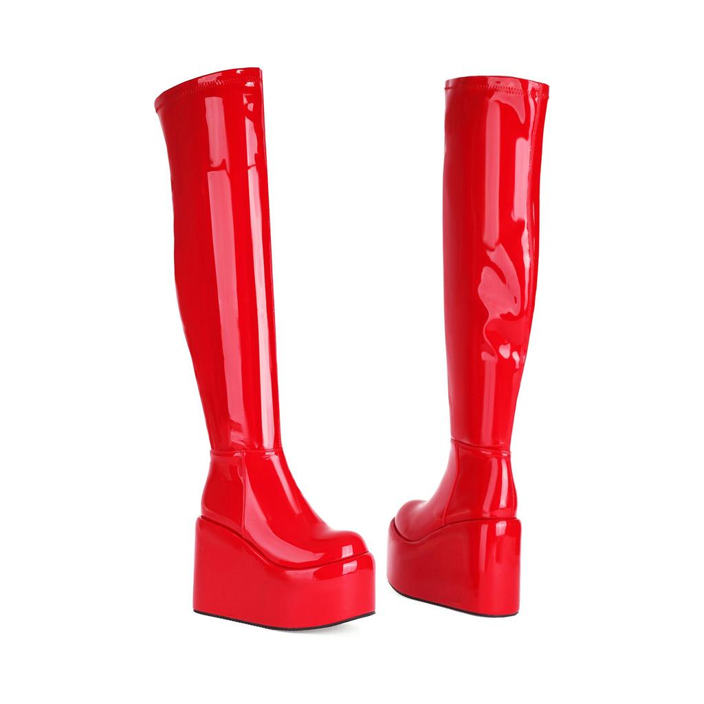Krazing Pot PU Leather Spring Winter Keep Warm Shoes Super High Heels Waterproof Wedges Stretch Boots Zipper Women Over-the-knee Boots