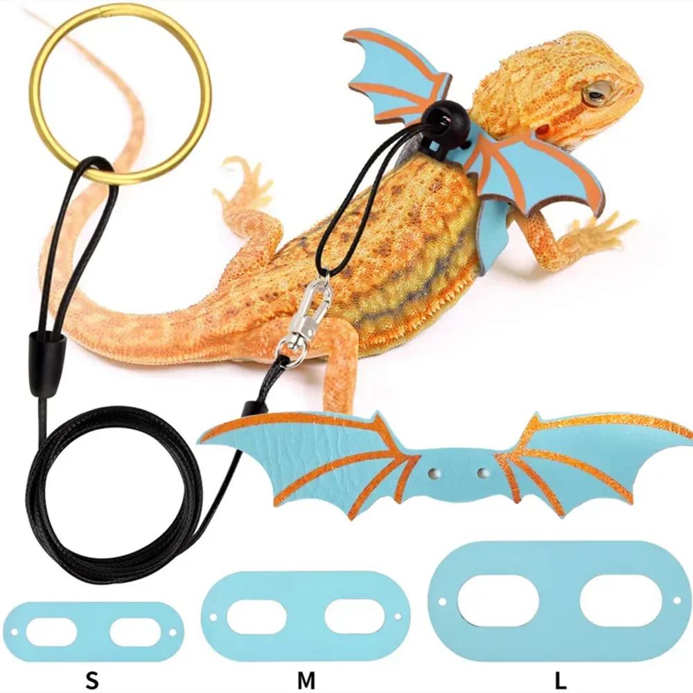 2024 New 3 Pcs Adjustable Bearded Dragon Leash With Bat Wings Soft Leather Lizard Harness For Amphibians And Other Small Reptile