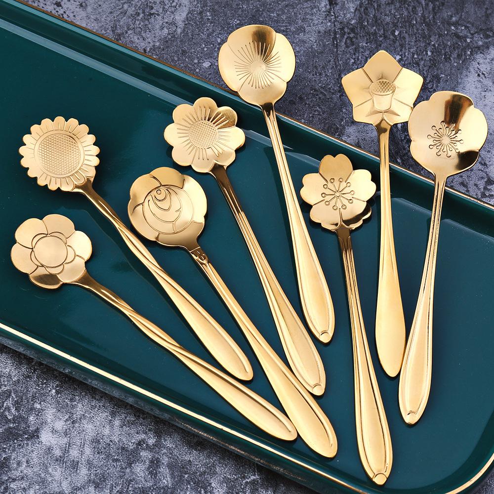 Mixing Spoon Bar Tools Tableware Stainless Steel Flower Spoon Set Cutlery Set Teaspoon Soup Spoon