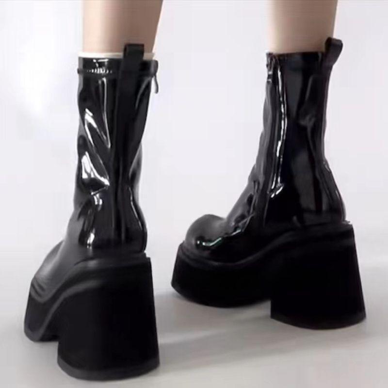 Spice Girl High Heel Waterproof Platform Thick Heel Short Boots Women's 2025 Autumn Black Medium Tube Skinny Boots Martin Boots ins