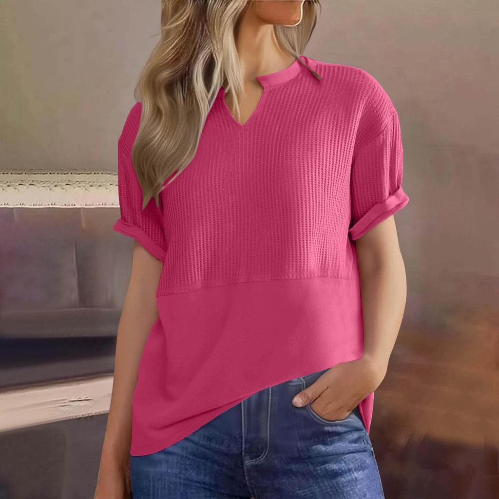 Womens  Knit Tops Casual V Neck Short Sleeve T Shirts Loose Blouses