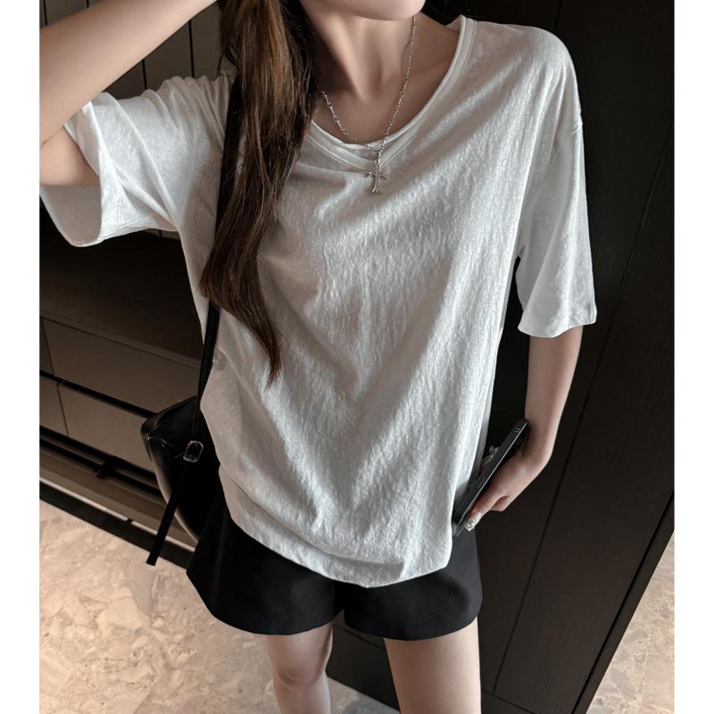 

2026 summer white snowflake cotton loose lazy wind short-sleeved T-shirt women s V-neck versatile slim and thin temperament top Xl (suitable for weight 65-75kg ) білий