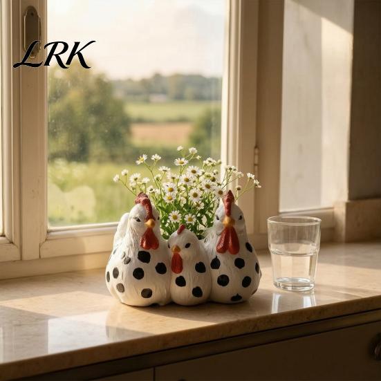 Creative Resin Sculpture Planter Chicken Family Planter, Cute Plant Pot, Decorative Office Desk Succulents Farmhouse Container for Indoor Outdoor