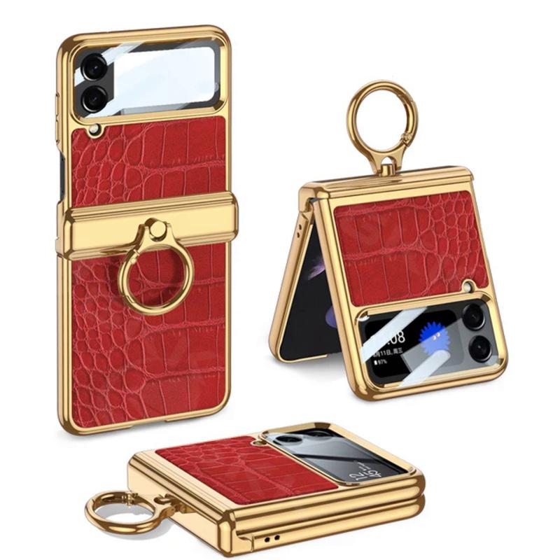 Luxury Plating Leather Case for Samsung Galaxy Z Flip 4 Magnetic All-included Hinge Ring Holder Cover for Galaxy Z Flip4 Case