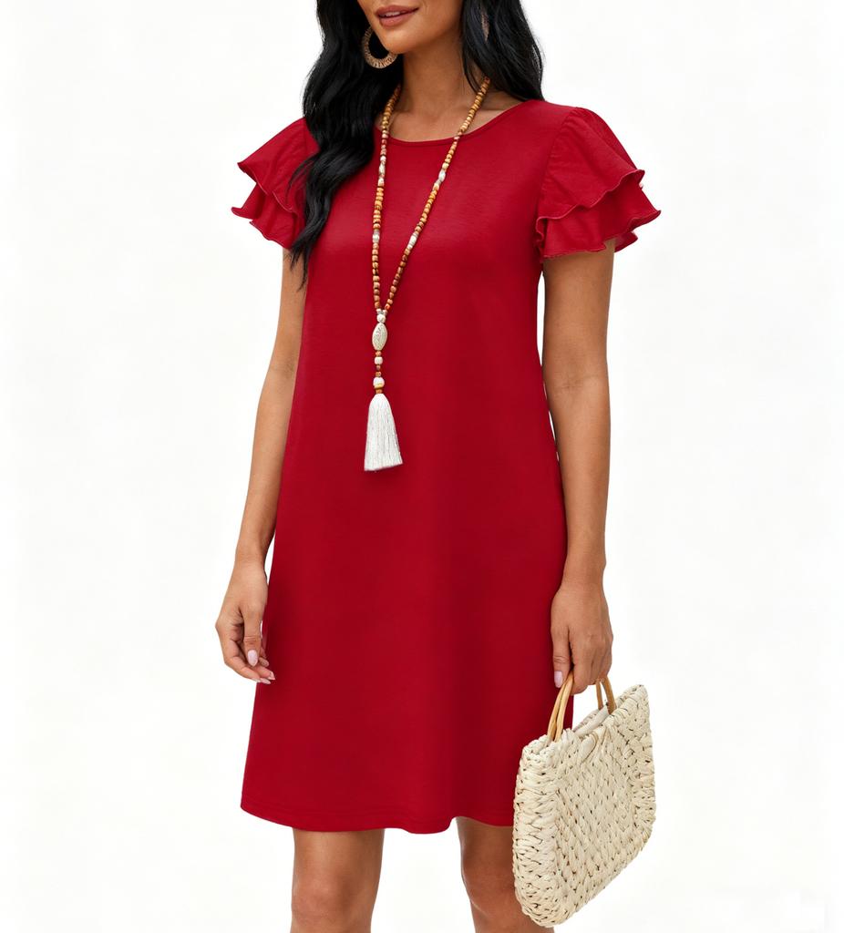 Women‘’s Summer Dresses Ruffle Sleeve Round Neck Loose Swing Sundresses With Pockets