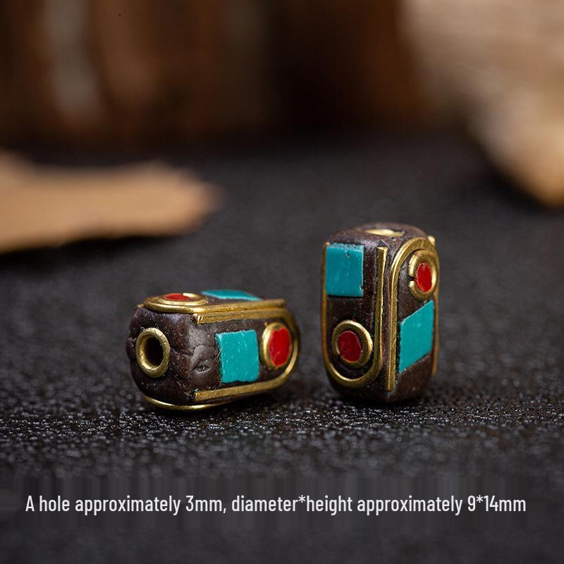 Handmade Ethnic Retro Buddhist Copper Beads with Inlaid Turquoise and Brass Spacer Beads.