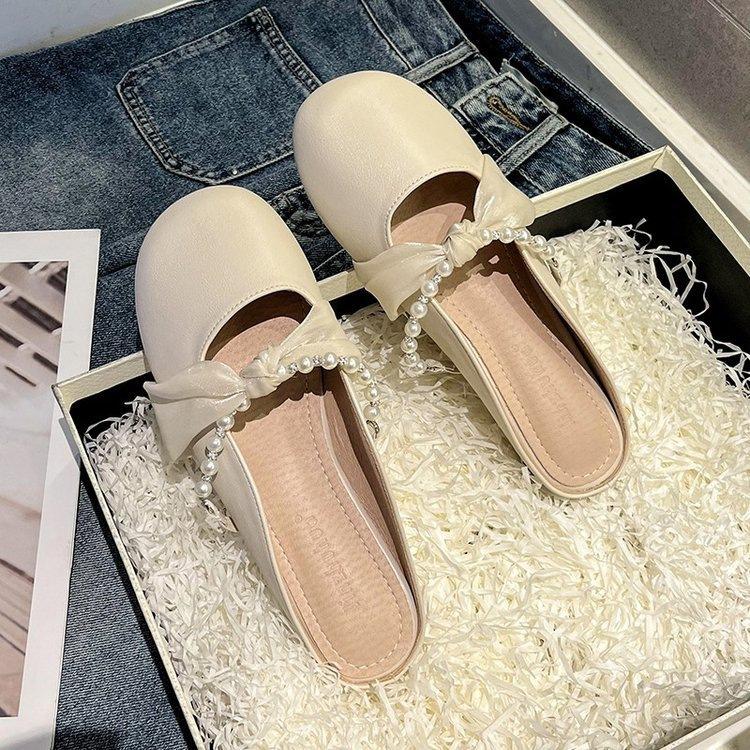 Baotou half slippers women's spring and summer 2025 new outer wear pearl fairy gentle and versatile flat-bottomed Muller cool slippers