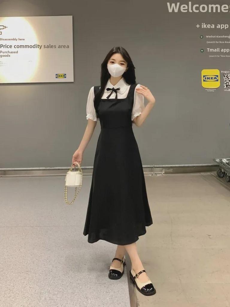 Women's Large French College Style Black Two-Piece Polo Dress - Waist Slimming A-Line Summer Skirt