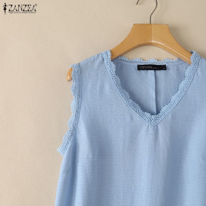 ZANZEA Women Lace Splice V-Neck Casual Sleeveless Tank Tops