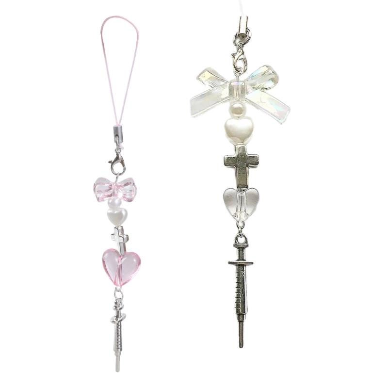 Syringe Bowknot Hanging Pendant Sweet Cool Phone Strap Bag Decoration Portable Y2K Hanging Lanyard Gift for Girls Women