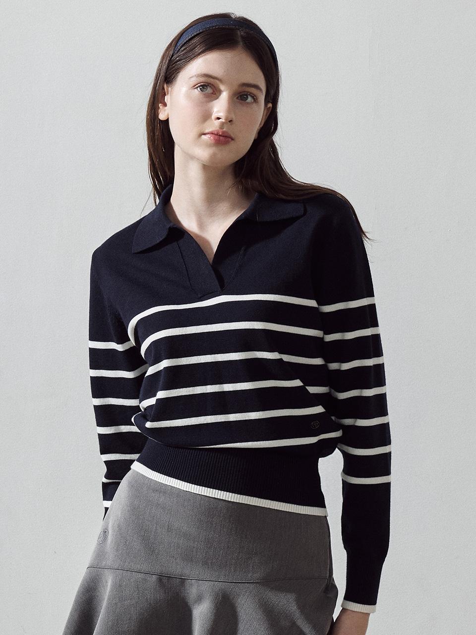 Road Roar Signature Striped Collar Long Sleeve Knit Navy Navy/S