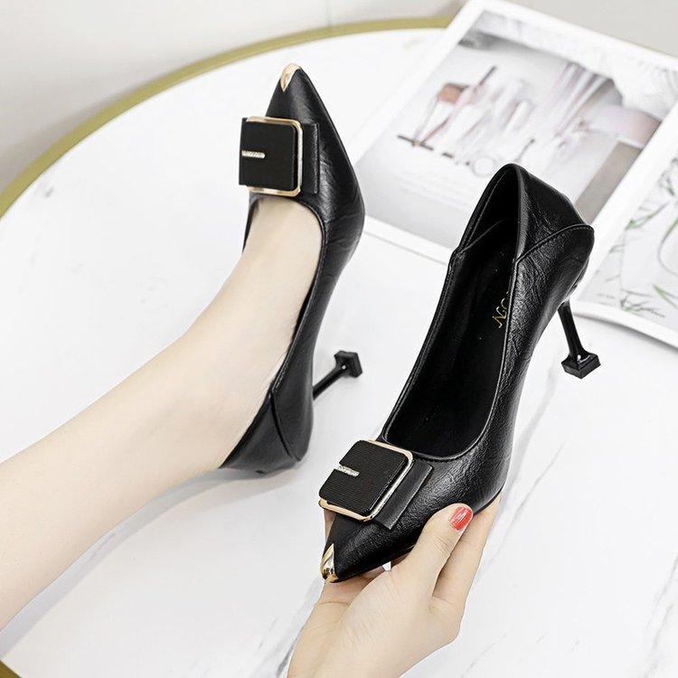 Head Shallow Mouth High Heels Women's Thin Heel Square Buckle Professional Work Shoes Women's Comfortable Versatile Simple Work Shoes