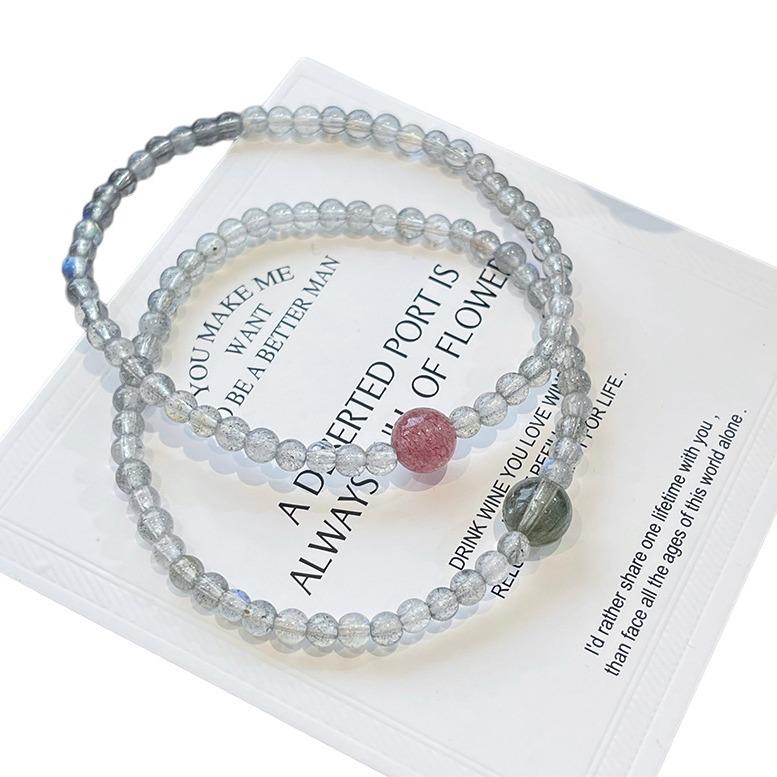 Qiaoen Women's Crystal Bracelet: Gray Moonstone, Strawberry Quartz & Green Rutilated Quartz, Extremely Fine 3mm Beads, Unique Niche Design