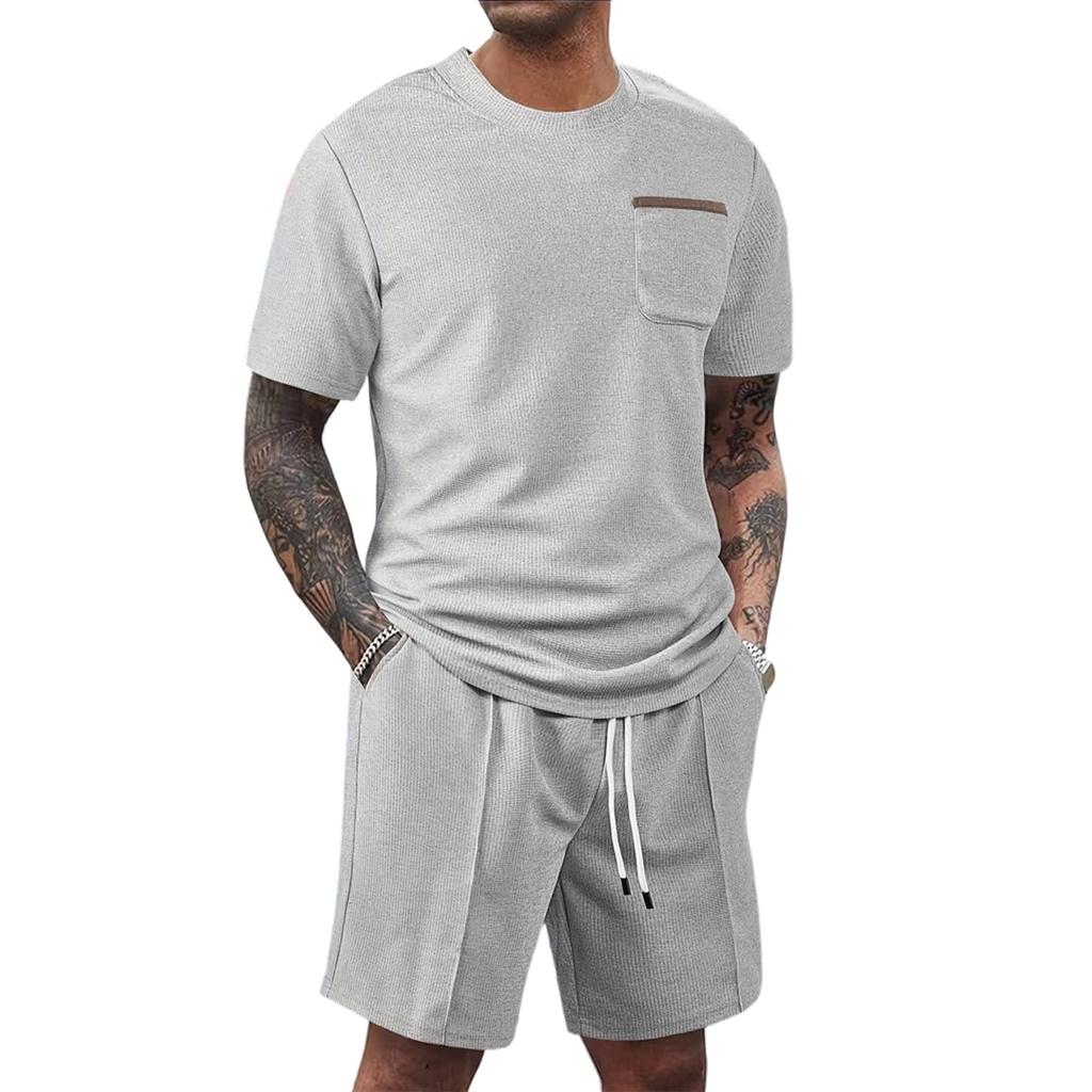 Men's  Sports  Leisure  Round  Neck  Short  Sleeves   And  Pull  Rope  Shorts  Set
