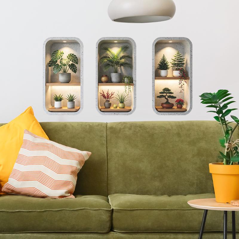 3Pcs Green Plants Wall Sticker Potted Simulation Painting For Living Room Home Decor Removable Decals