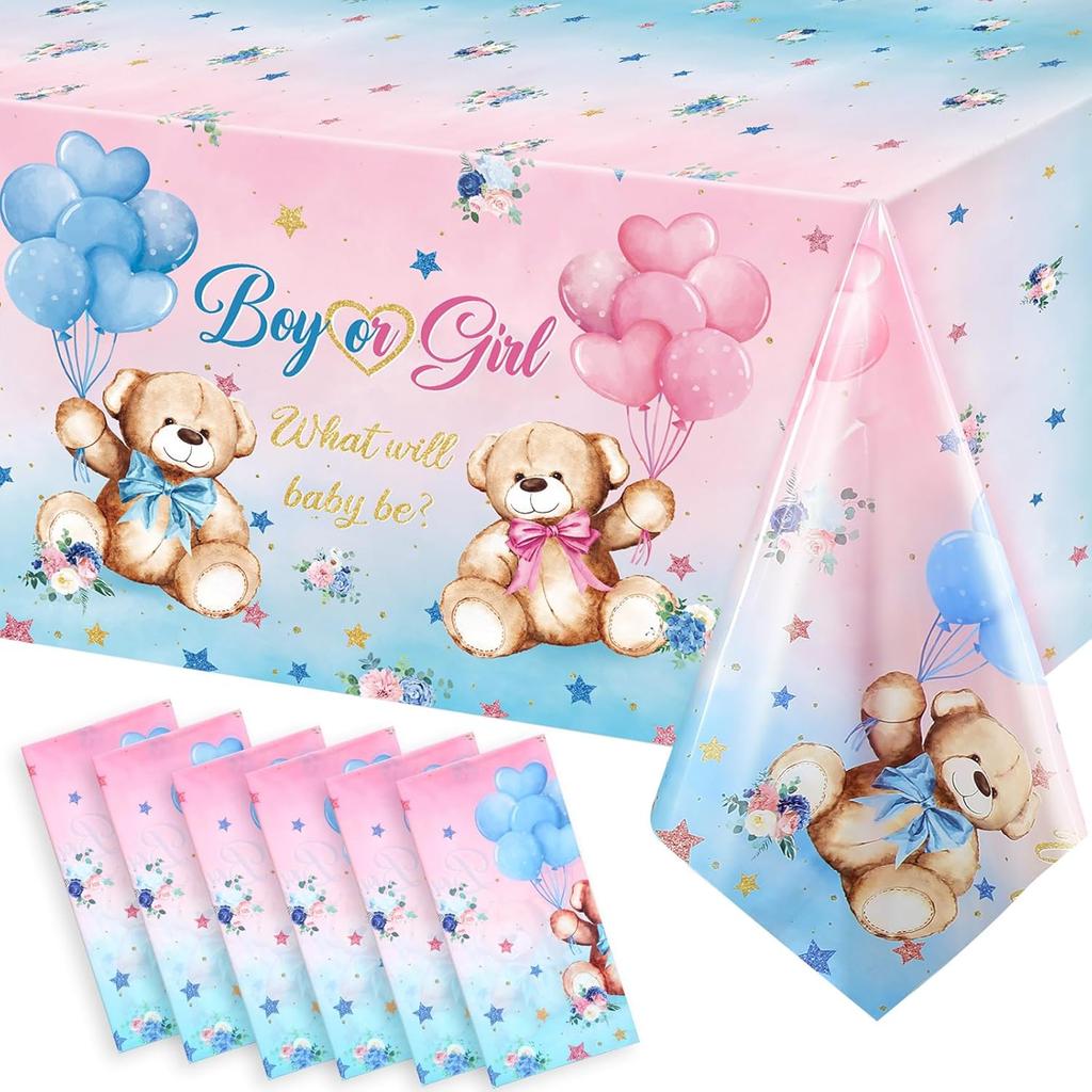 Capoda 3 Pcs Bear Baby Shower Tablecloths Gender Reveal Table Covers Rectangle Plastic Bear Table Cloths for Baby Shower Gender Reveal Party