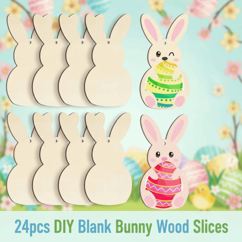 24pcs/set Painting Toy Easter Rabbit Craft DIY Color Blank Bunny Wood Slices  Hanging Ornament