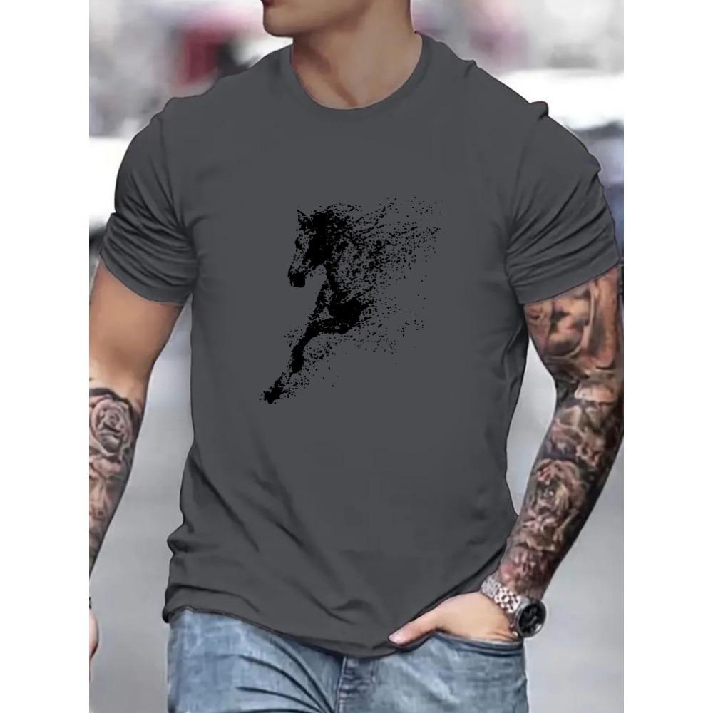 Men's Summer Fashion Casual Loose Big Black Horse Pattern Printed Round Neck Short Sleeve T-shirt Top