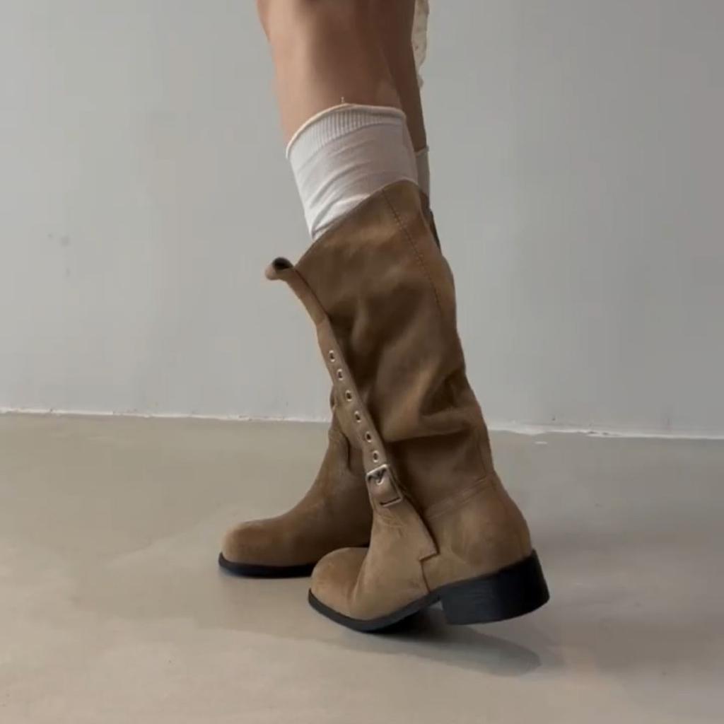 Cowhide Edition~ Maillard Suede Western Cowboy Boots Women's Folded Round Head Pile Boots Skinny Thick Heel Knight Boots