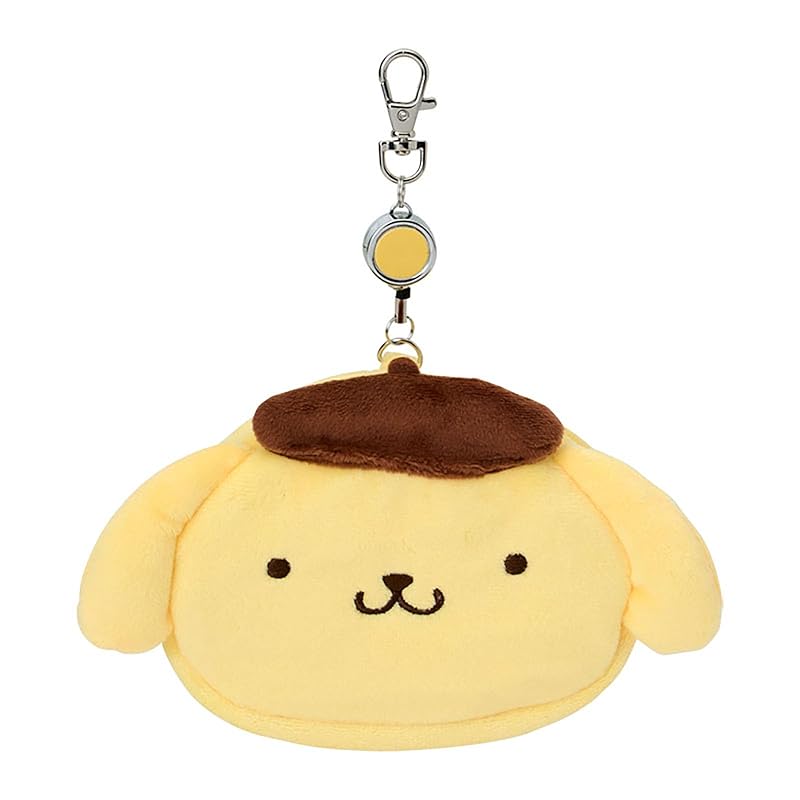 SANRIO Face-Shaped Pass Case & Pouch - Pompompurin - Cotton-PVC-Steel-Polyester - Card Holder with Retractable Reel - Small Item Storage - Suitable