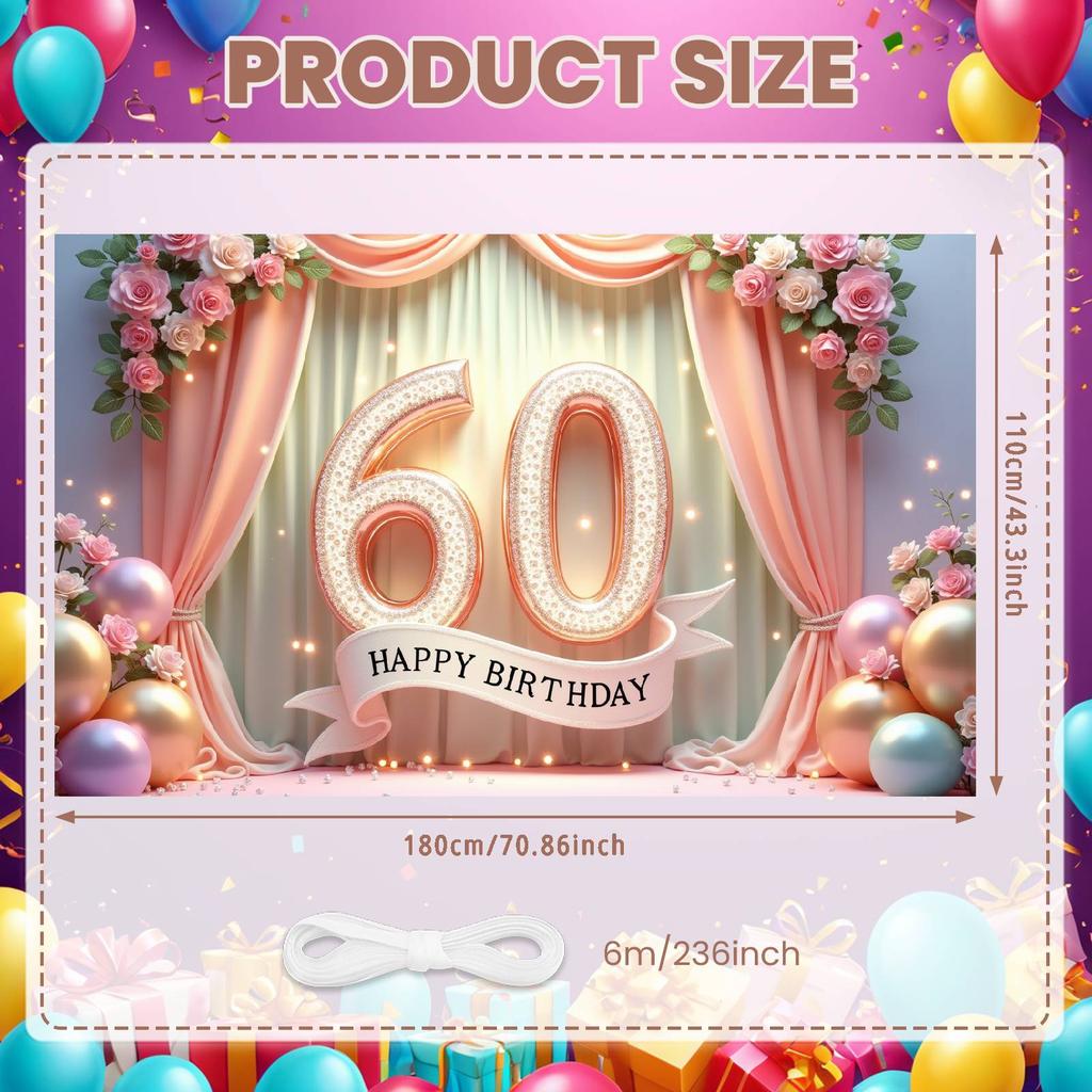 Birthday Celebration Banner 60th Birthday Theme Happy 60th Birthday Banner Glitter Embellished For Home Gathering Photo Shoot