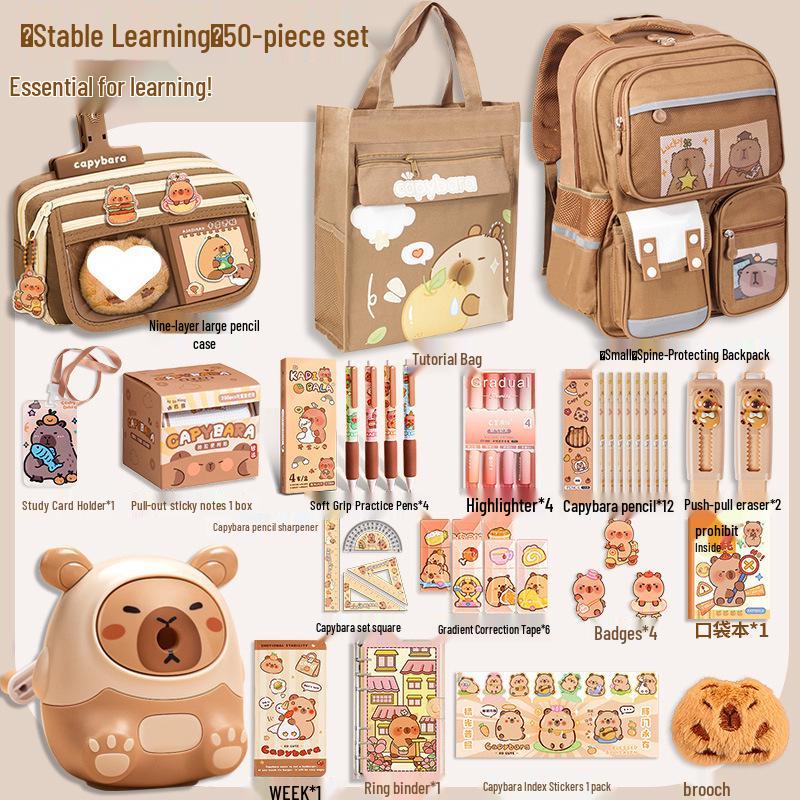 Capybara Backpack Stationery Set: Ergonomic Schoolbag Gift for Boys & Girls.