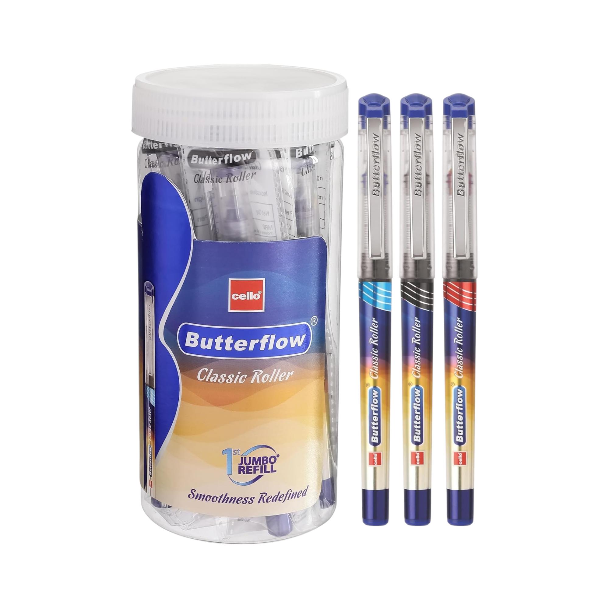 

Cello Butterflow Classic Roller Pen Set Pack of 10 Smooth Writing Roller Pens for Students Office Exams Use Retractable