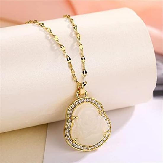 COLORFUL BLING Lucky Laughing Buddha Pendant Necklace Green Jade CZ Gemstone Amulet Jewelry for Women Men