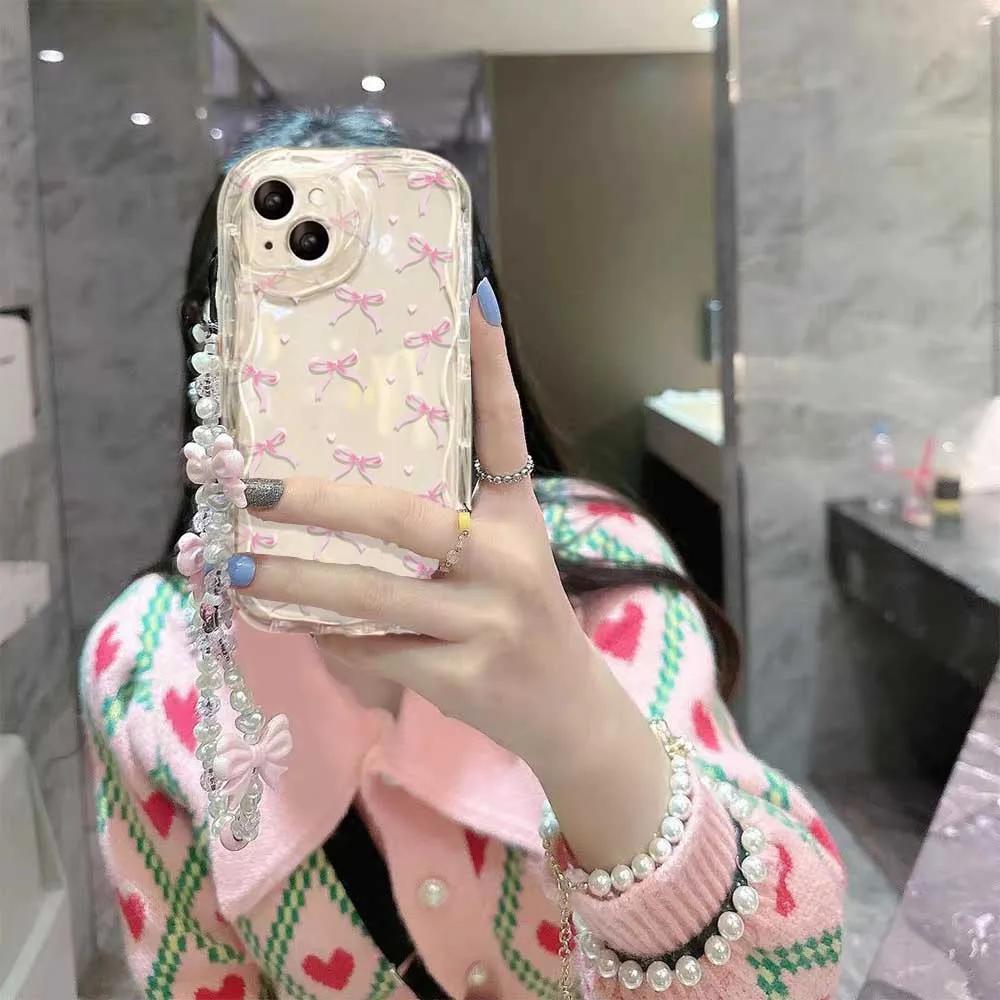 Case For Vivo V60 V40 V50 Lite Y31 5G Y33S Y21S Y28 4G Y17S Y04 Y03 Y29S Y28S Y18 Y400 Pink Bowknot Wrist Chain Cover