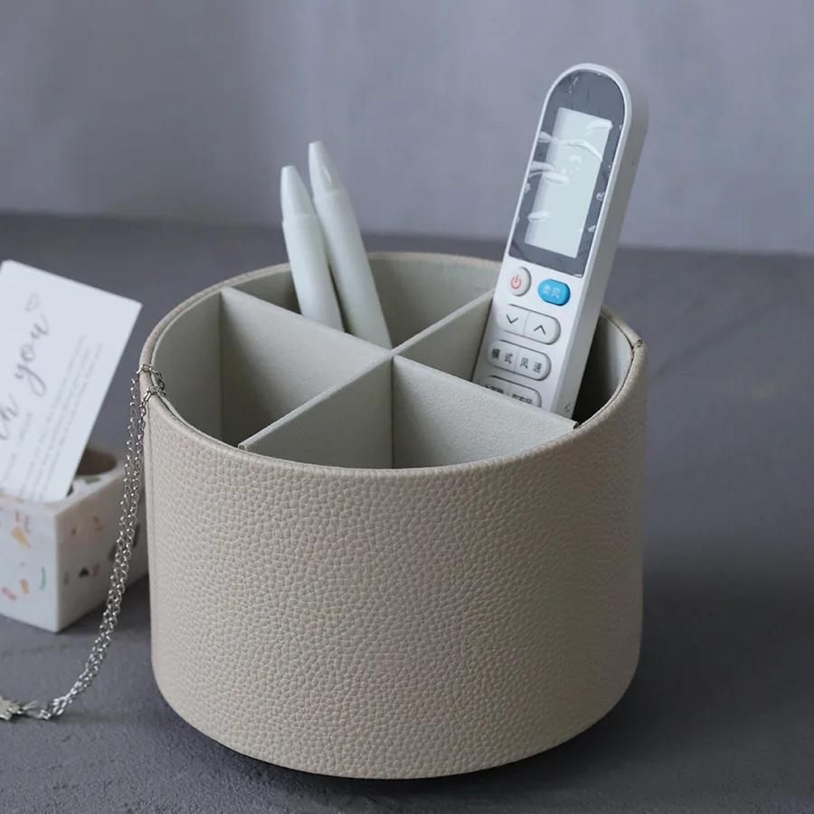AhunderJiaz Nordic Style Yike Rotating Desktop Leather Storage Box Makeup Brush Storage Office Pen Holder Home Decoration