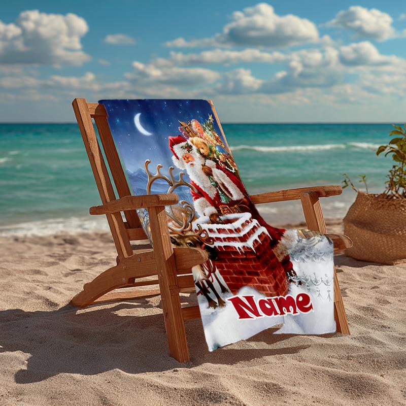Custom Name Ultra-Soft Beach Towel with Christmas Santa Claus Theme,Ideal for Pool - Camping, Diving - Perfect Travel Essential, Vibrant Beach Towel.
