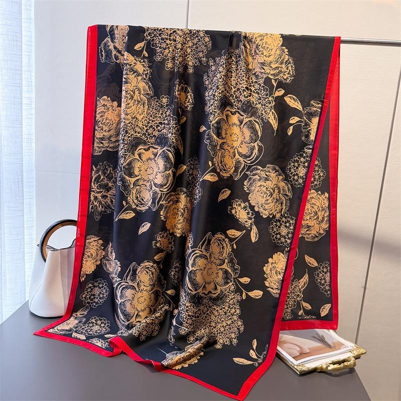 Spring and summer thin simulated silky brocade plain and elegant flower silk scarf long scarf silky printing shawl versatile headscarf scarf