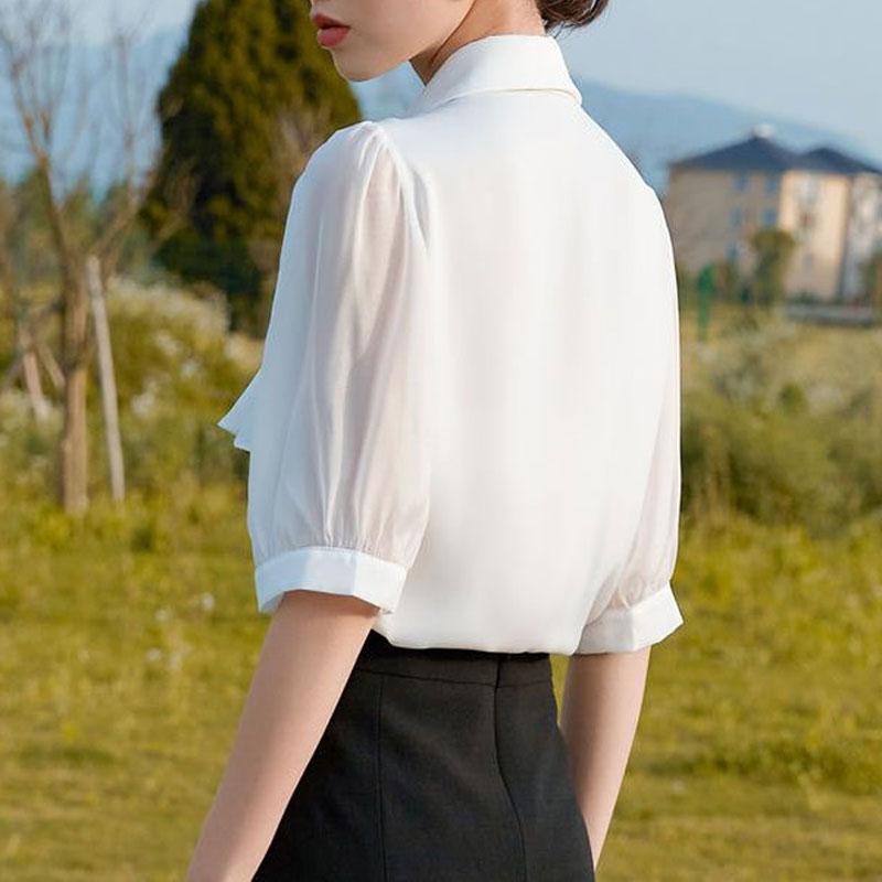 Korean Solid Color Shirt Stylish Pearl Chain Office Lady Summer New Ruffles Spliced Female Chic Single-breasted Polo-Neck Blouse