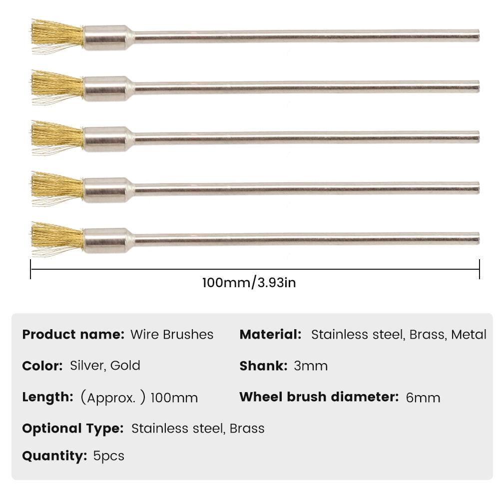 5pcs 3mm Shank 100mm Brass Stainless Steel Wire Brushes Cleaning Polishing Brush