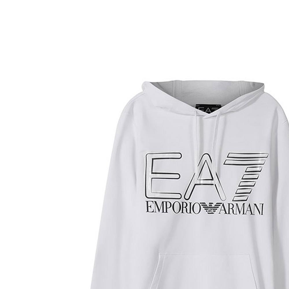 Emporio Armani EA7 SS22 Kapuzen-Sweatshirt mit Buchstaben- und Ziffern-Logo-Print, Lässiges Langarm-Sweatshirt für Herren, Weiß 3LPM45-PJFGZ-1100