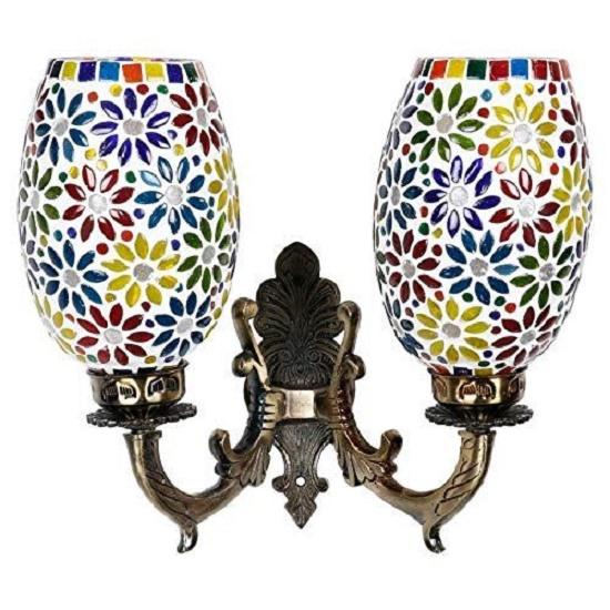 Handcrafted Double Dome Flower Design Glass Wall Lamp, Multicolour