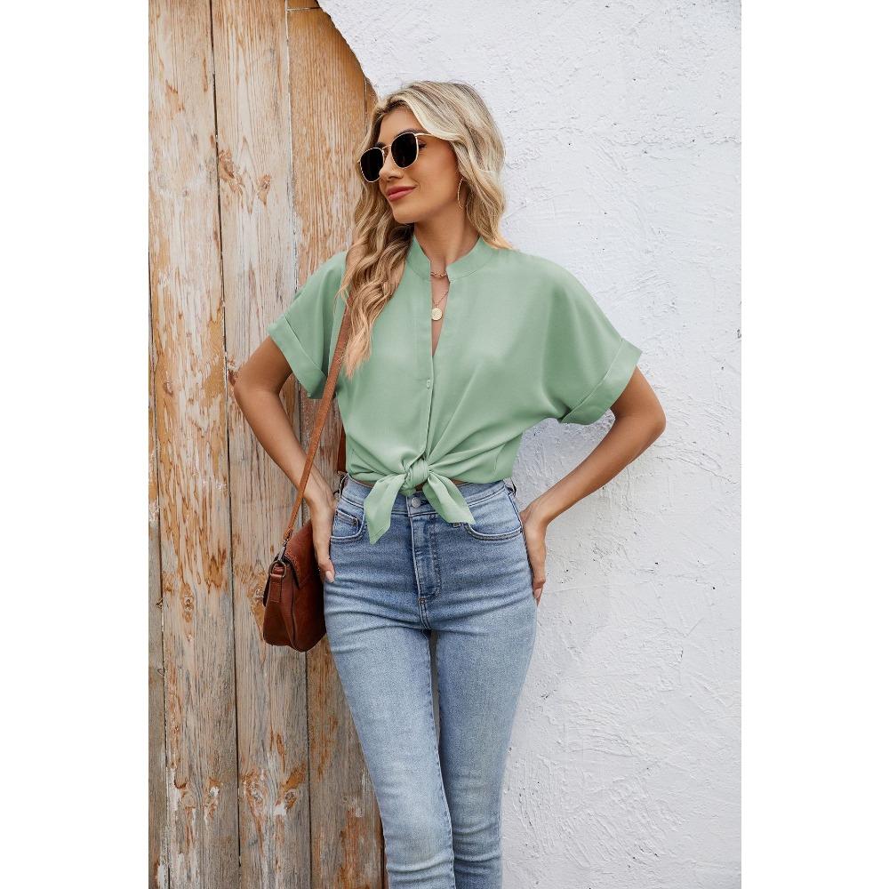 Sommer Neue Einfarbig V-ausschnitt Lose Kurzarm Button-Down Chiffon Hemd