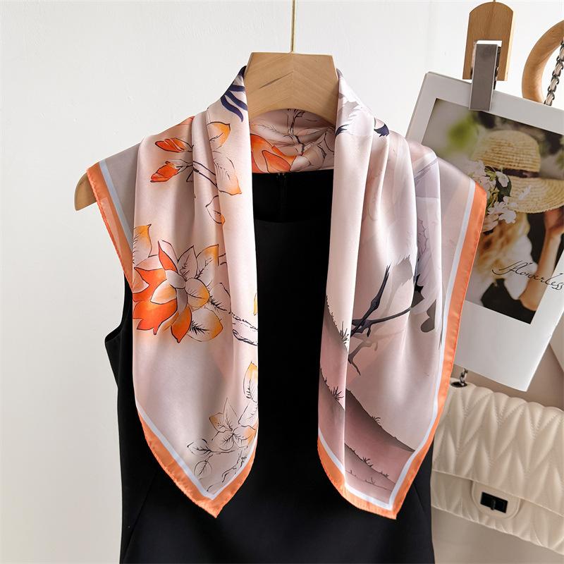 70Cm Small Square Scarf Imitation Silk Scarf Headscarf Spring And Summer Danfeng With Crane Printed Scarf Scarf Professional Versatile Scarf