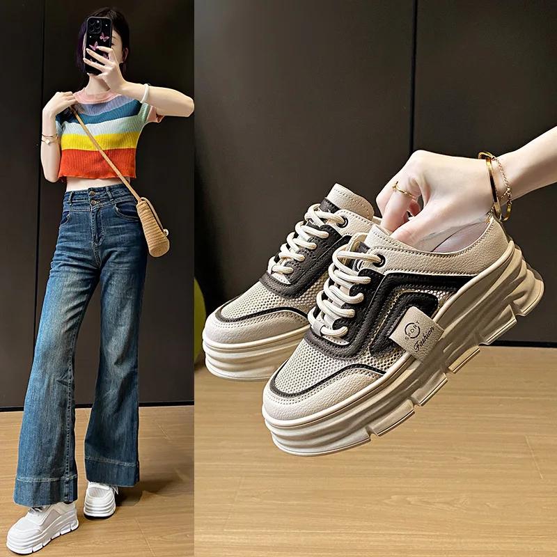 Fashion Solid Color Fashionable Breathable Soft Sole Women's Slippers White Student Casual Shoes Multifunctional Semi Drag Thick Sole