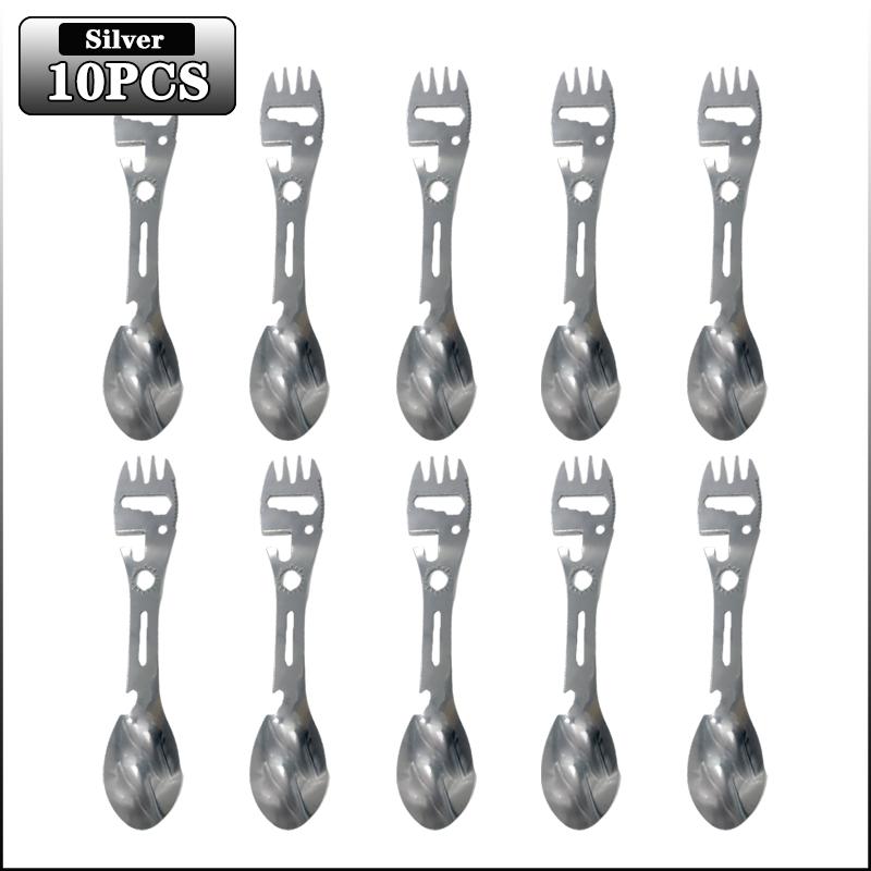 1-20PCS 5 In 1 Stainless Steel Fork Spoon Knife Can Opener Bottle Opener Wrench Multifunctional Gear Outdoor Camping Supplies