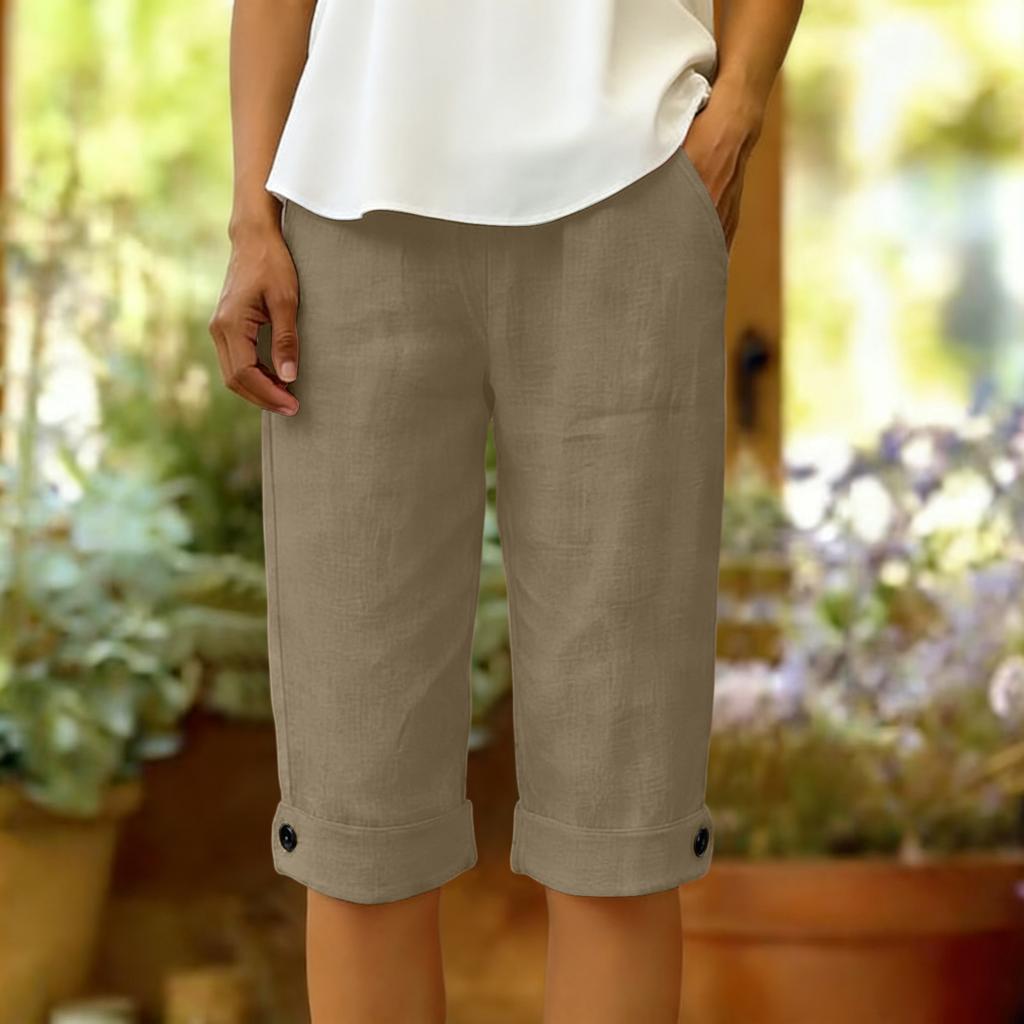Women's Fashion  Color Pocket Five-Foot Loose Elastic Waist Cotton Linen Shorts