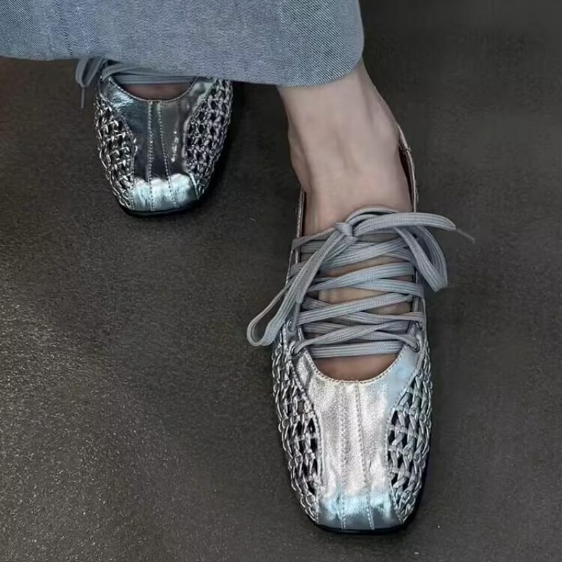 Fashion 2025 New Mesh Flats Sandals Women Ballet Shoes Marie Janes Square Toe Hollow Loafers Shoes Summer Shallow Casual Sneakers