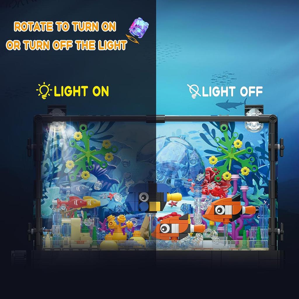 Ocean Fish Tank Aquarium Building Block Set with Turtle - DIY Toy Brick for Kids Creative Playset Home Decor Birthday Gift