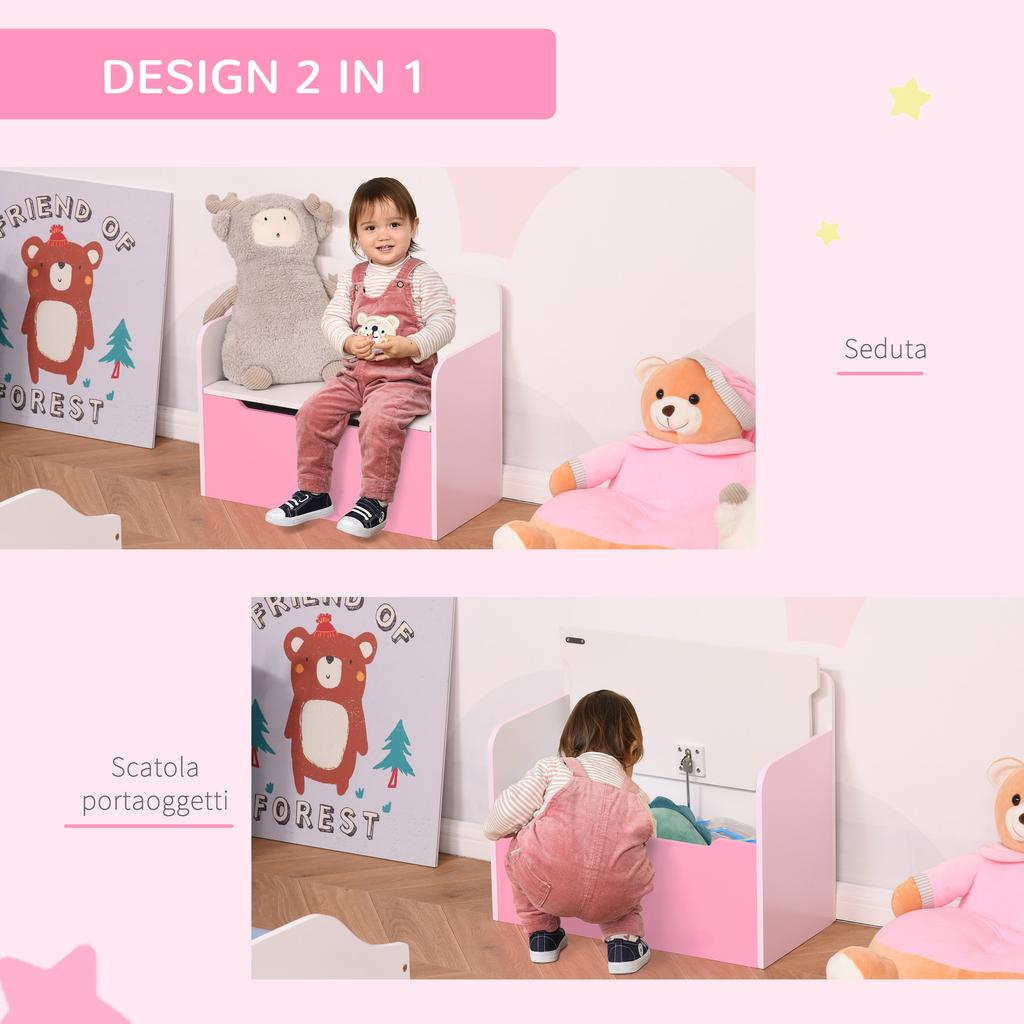 Storage Bench with Backrest in Wood for Children from 3-6 Years, 60x30x50 cm, Pink