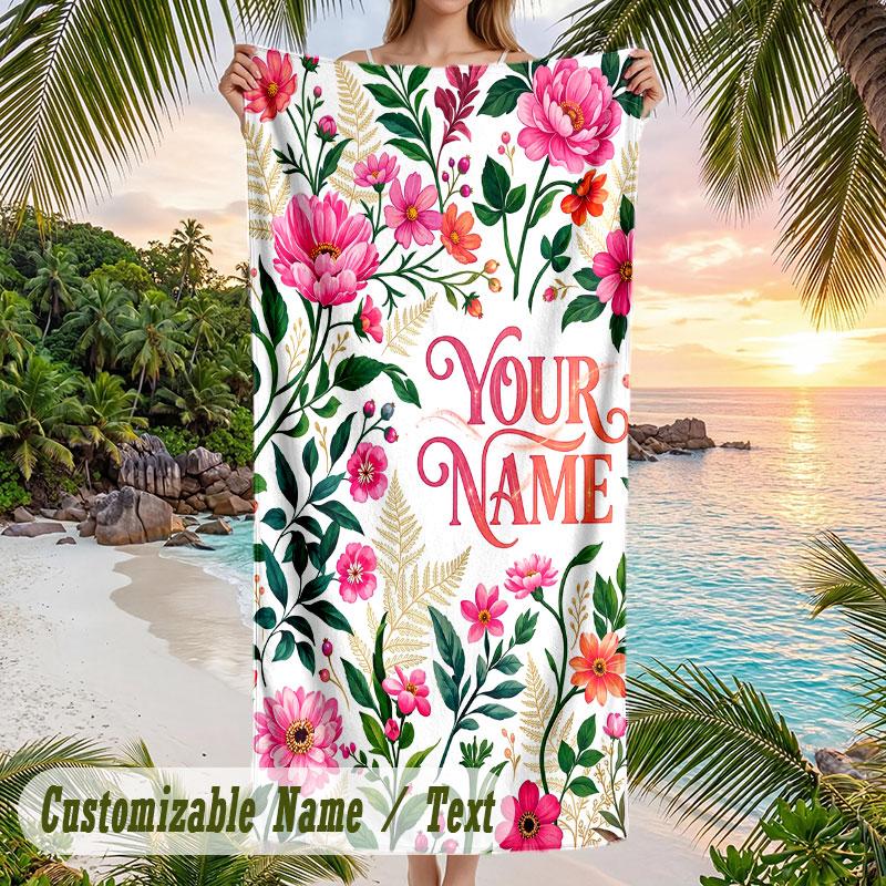 Floral Artwork 12 Theme Quick Dry Beach Towel Custom Name Text Print Large Sand Resistant Towel Beach Vacation