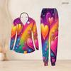 Women Plus Size V Neck Long Sleeve Scrub Set Colorful Rainbow Gradient Heart Print Nurse Uniform Set